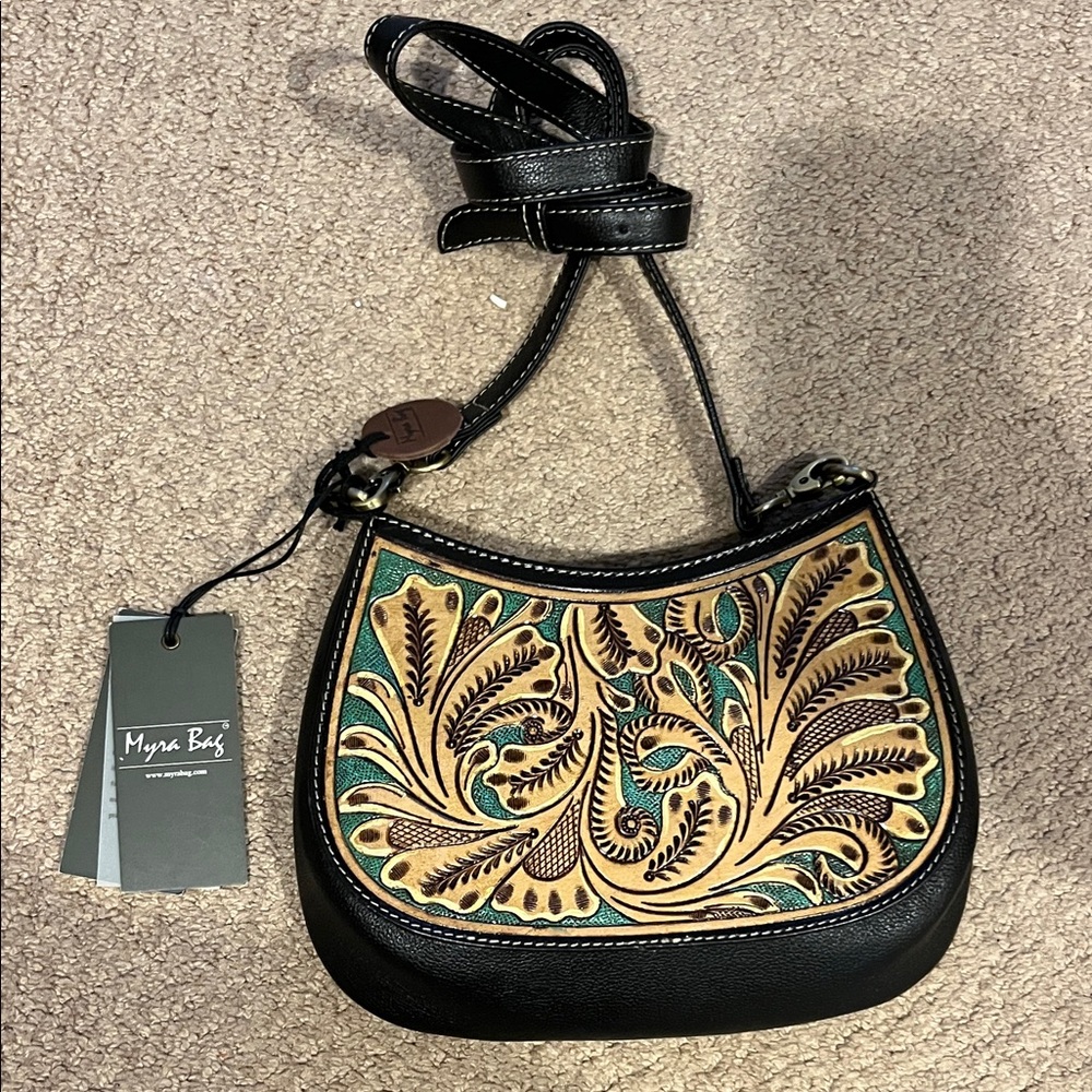 Myra Bag Black and Tan Crossbody with Green Embroidery
